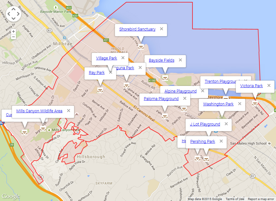 Map of Burlingame showing parks
