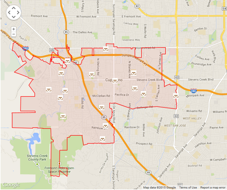 Map of Cupertino showing parks