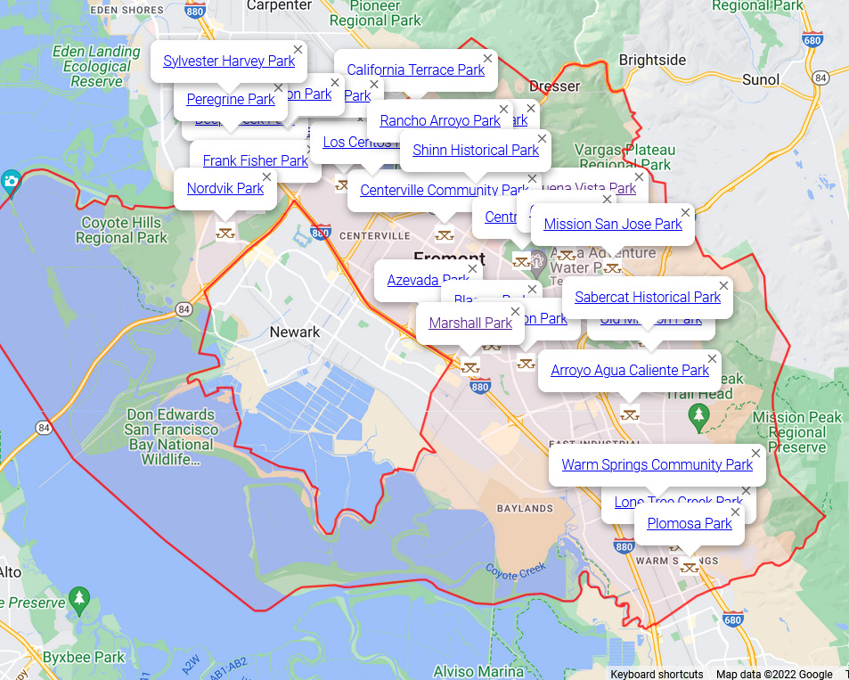 Map of Fremont showing parks