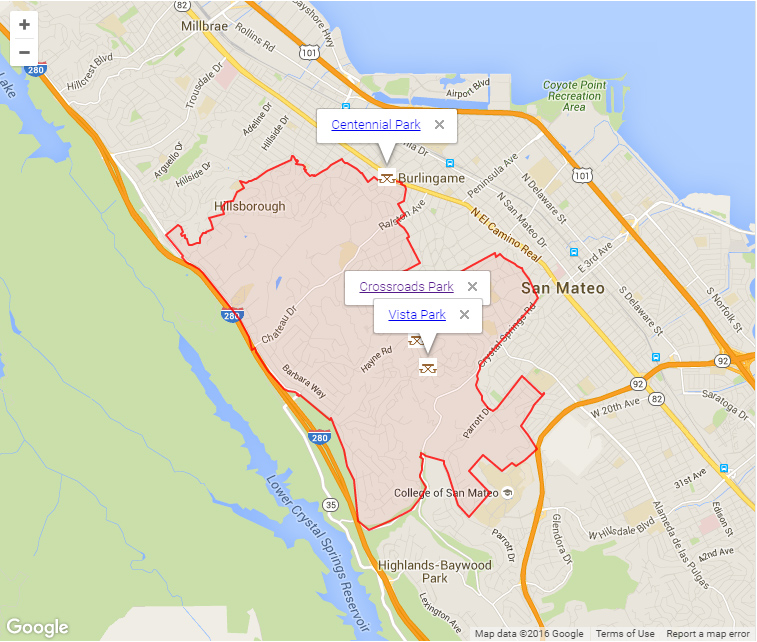 Map of Hillsborough showing parks