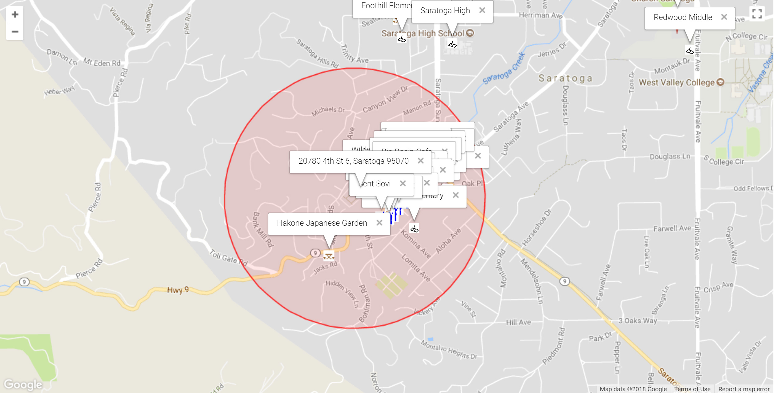 Map of attractions near 20780 4th St 6, Saratoga 95070