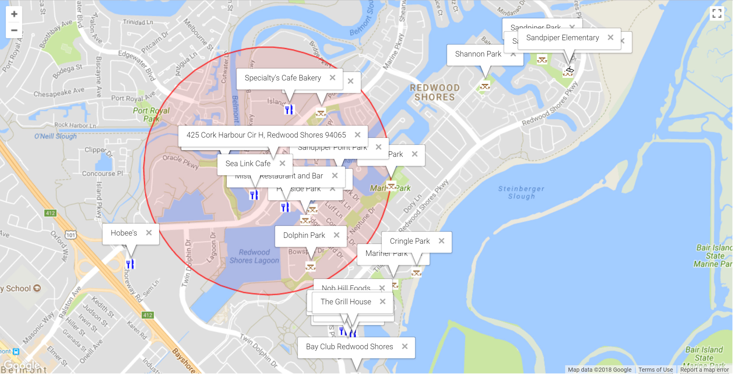 Map of attractions near 425 Cork Harbour Cir H, Redwood Shores 94065