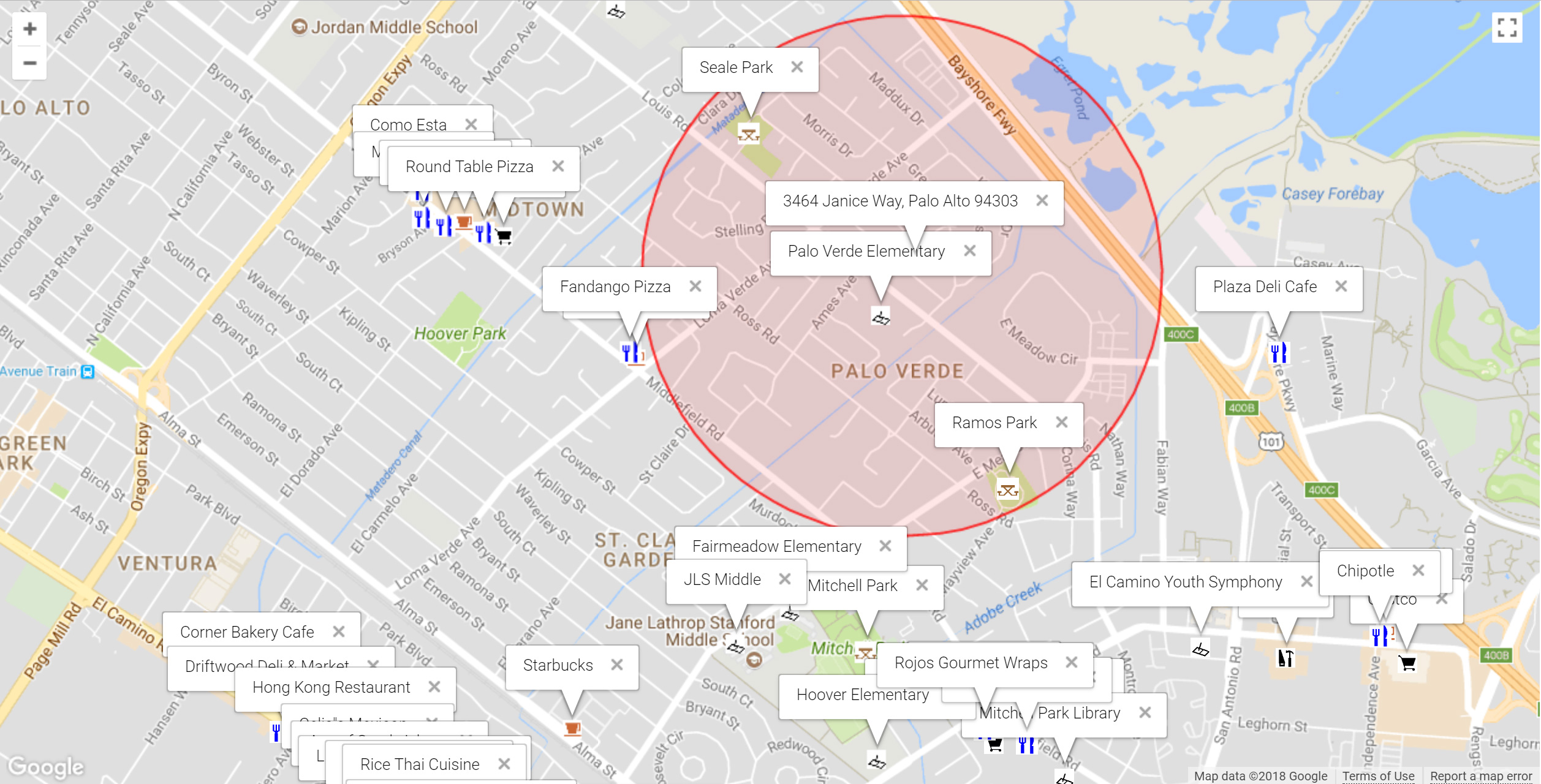 Map of attractions near 3464 Janice Way, Palo Alto 94303
