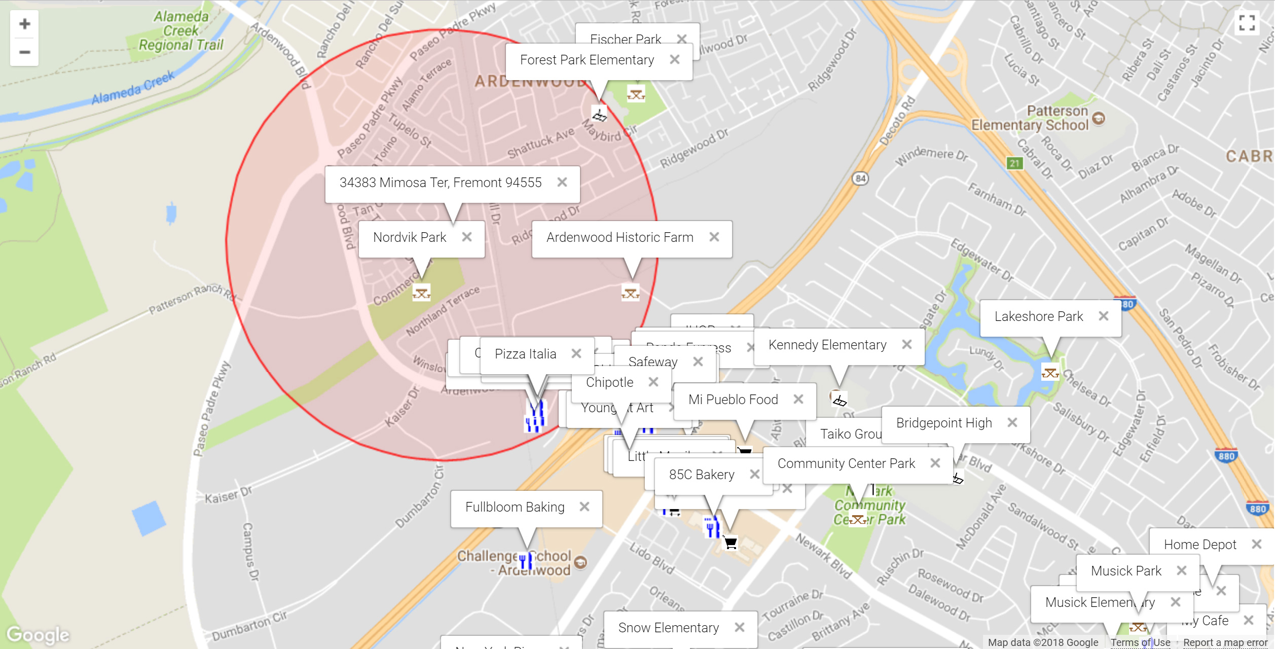 Map of attractions near 34383 Mimosa Ter, Fremont 94555