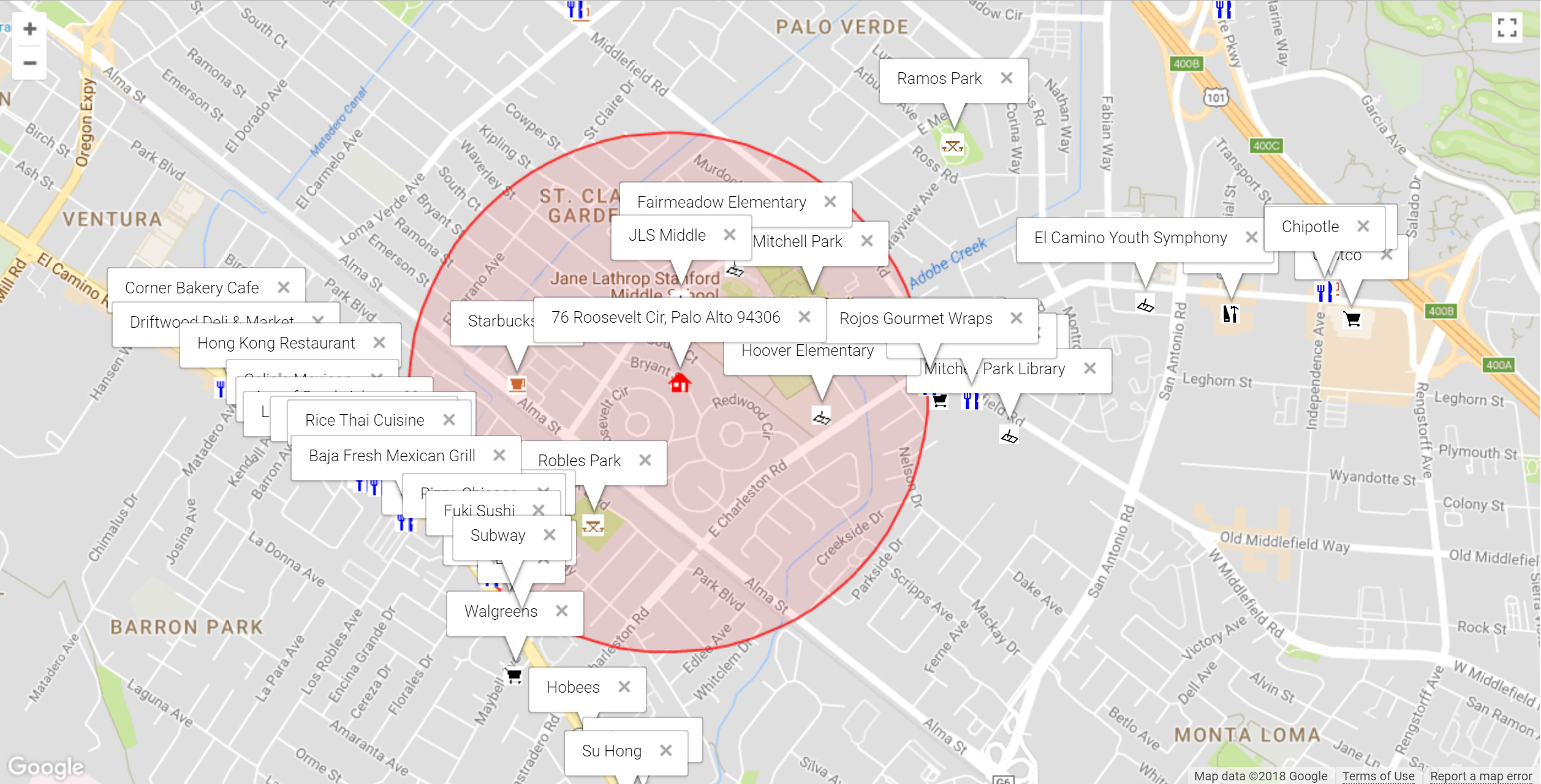 Map of attractions near 76 Roosevelt Cir, Palo Alto 94306