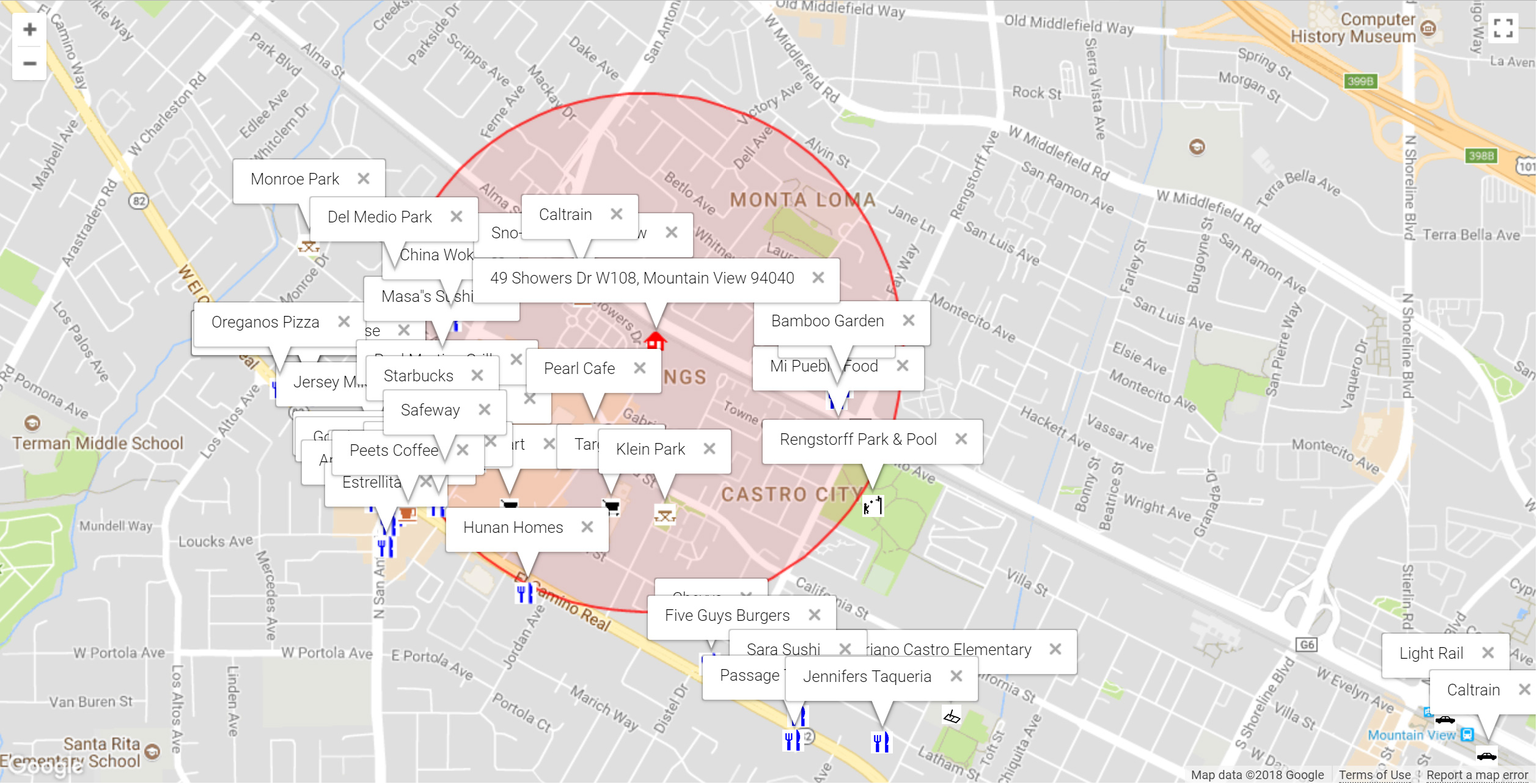 Map of attractions near 49 Showers Dr W108, Mountain View 94040