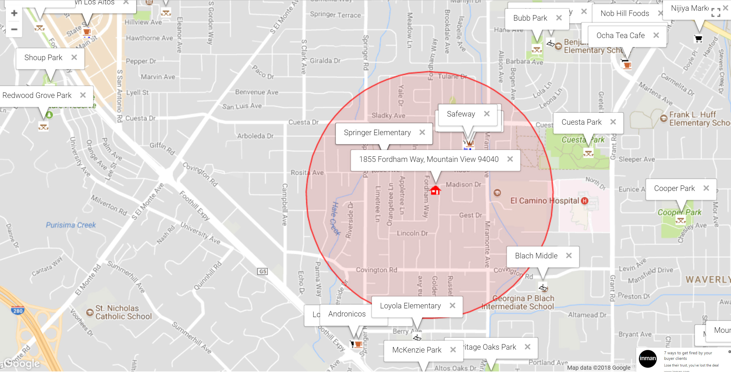 Map of attractions near 1855 Fordham Way, Mountain View 94040