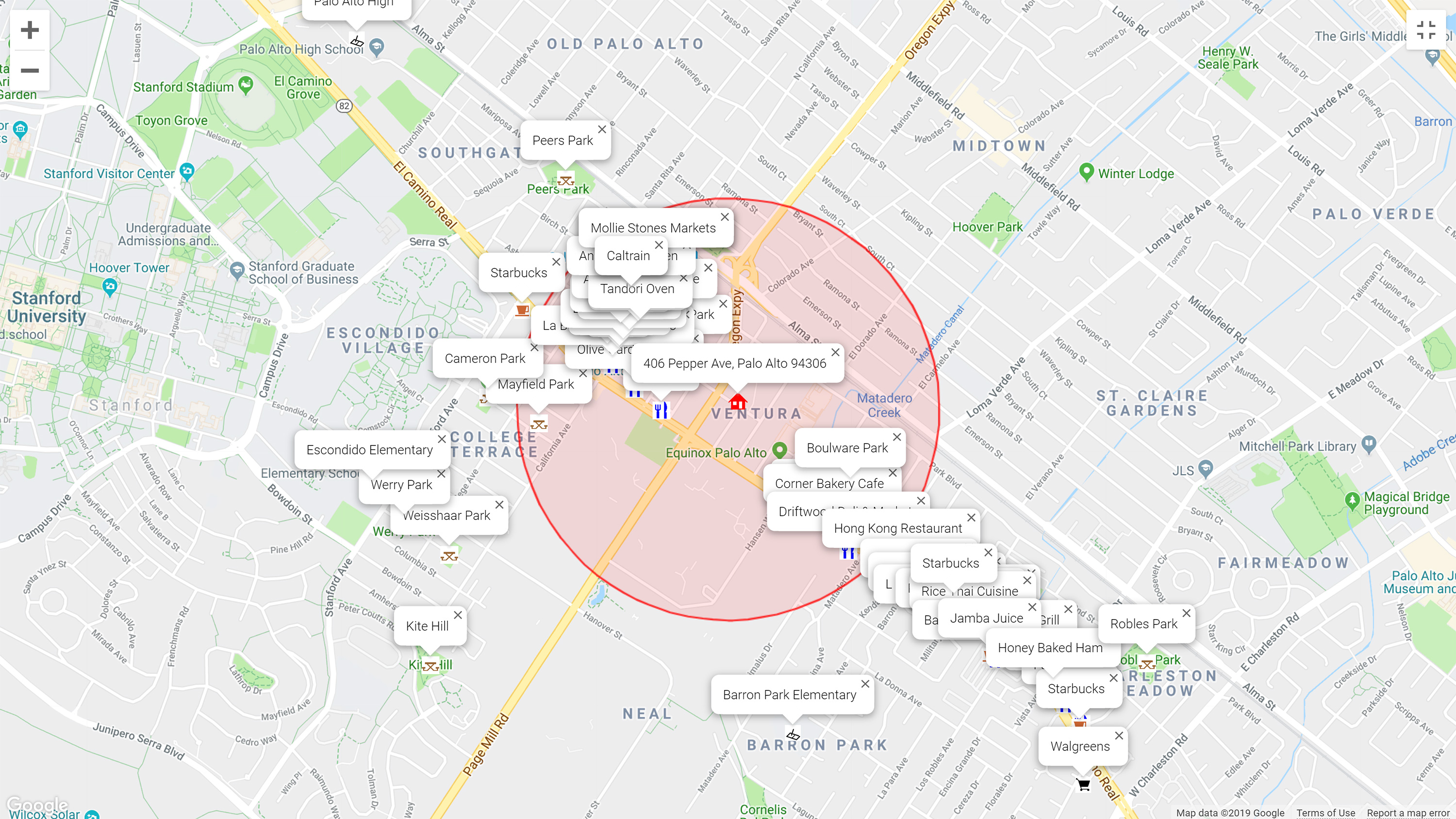 Map of attractions near 406 Pepper Ave, Palo Alto 94306