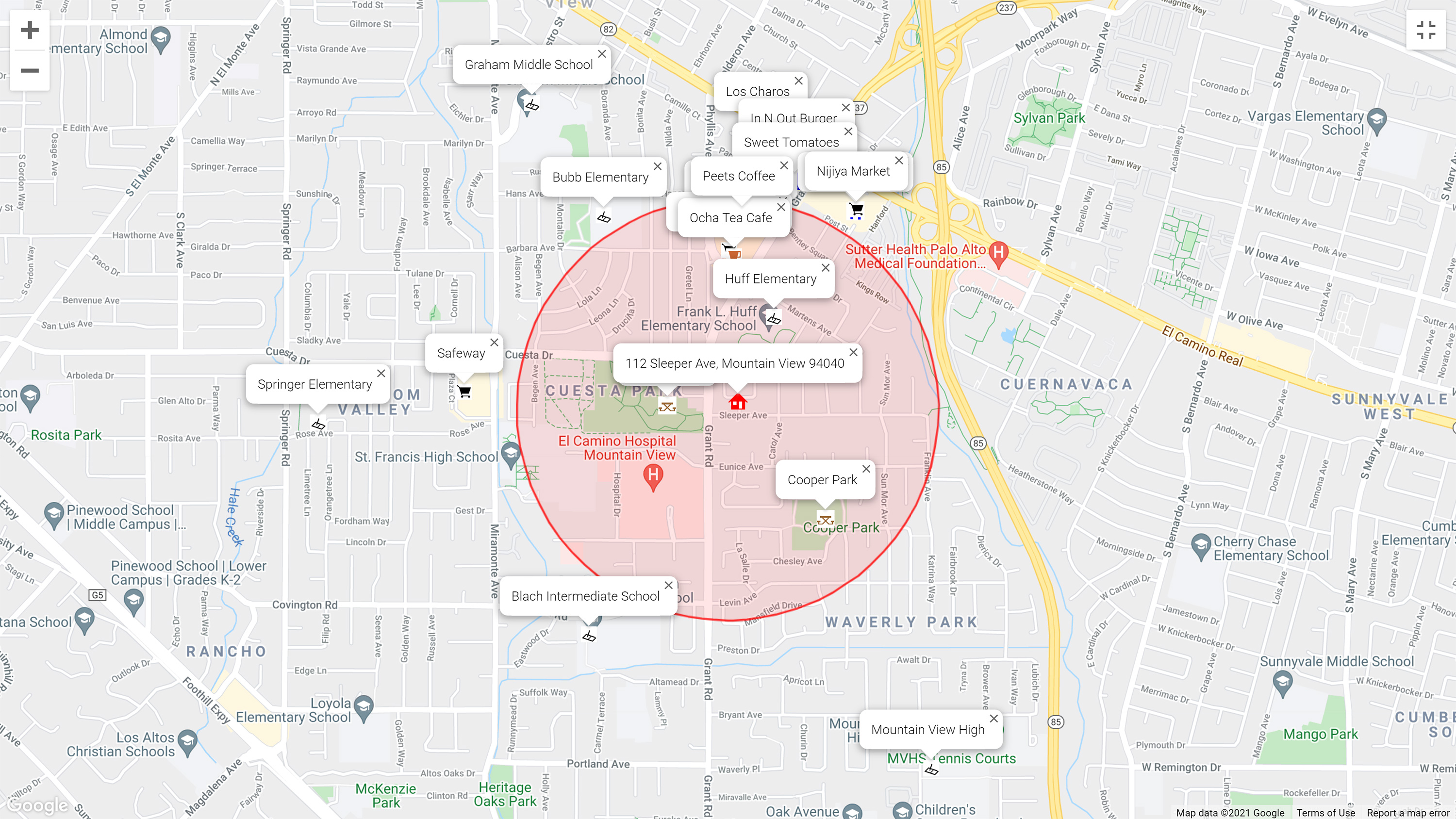 Map of attractions near 112 Sleeper Ave, Mountain View 94040