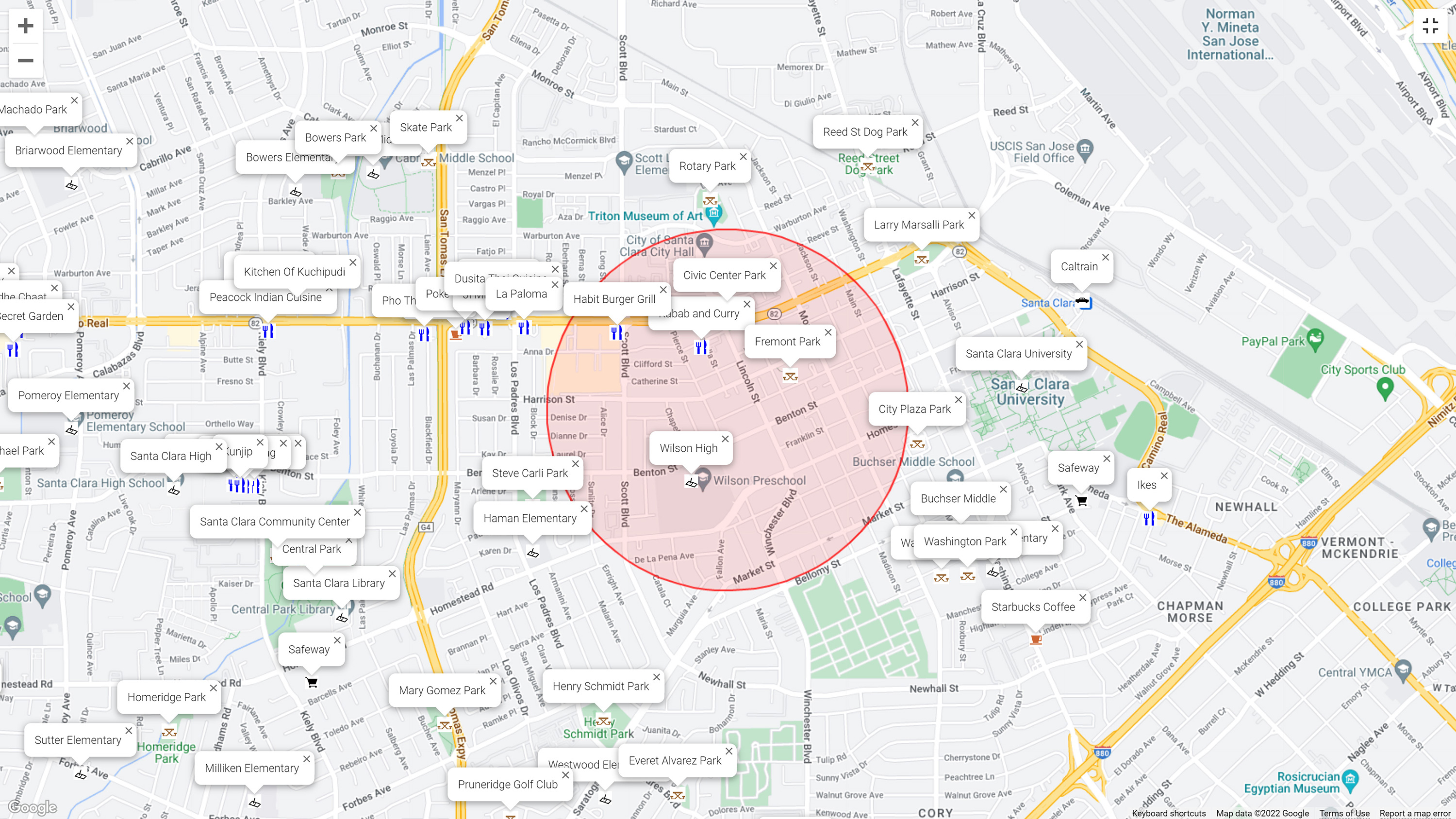 Map of attractions near 1725 Fremont St, Santa Clara 95050