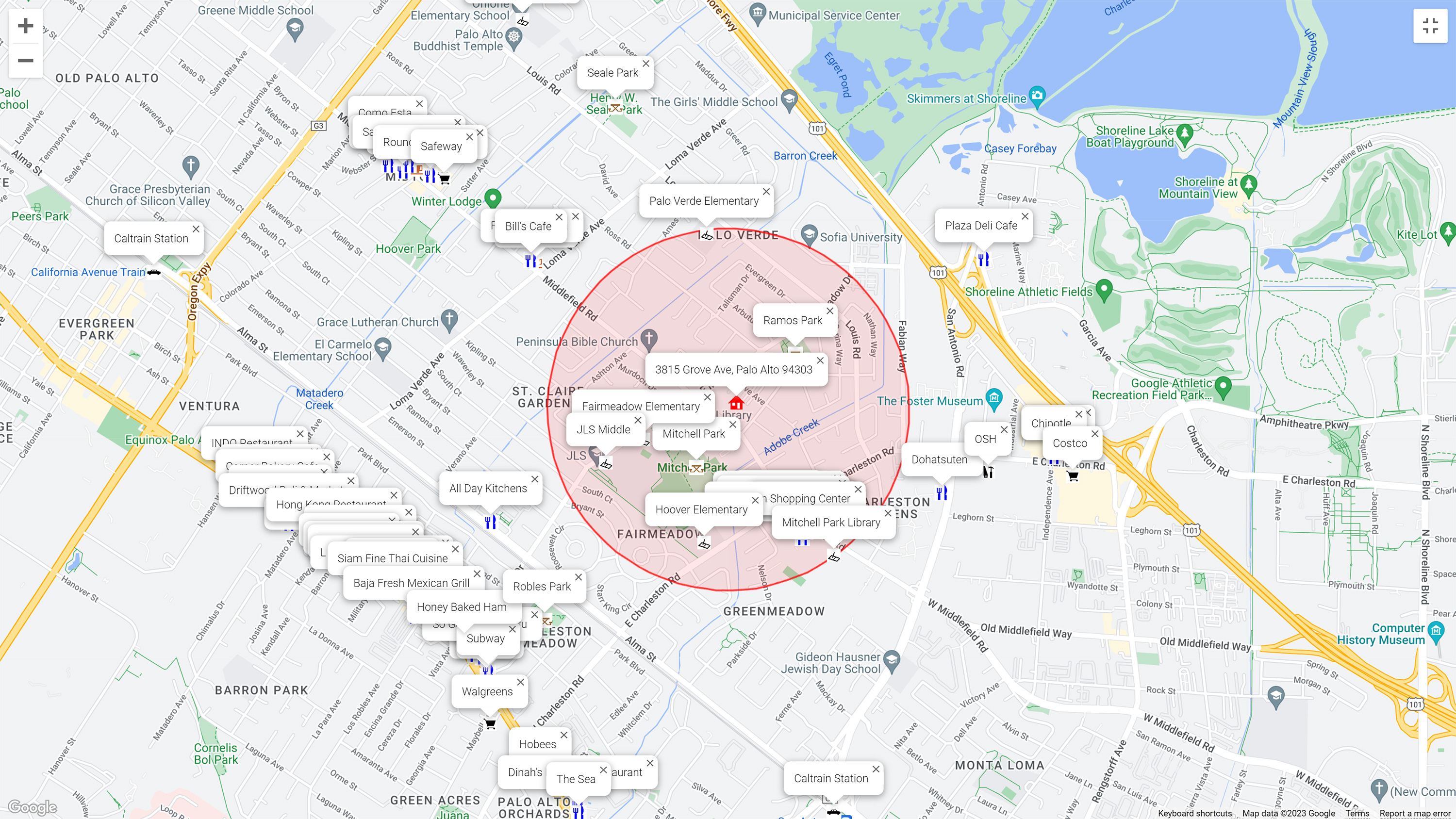 Map of attractions near 3815 Grove Ave, Palo Alto 94303