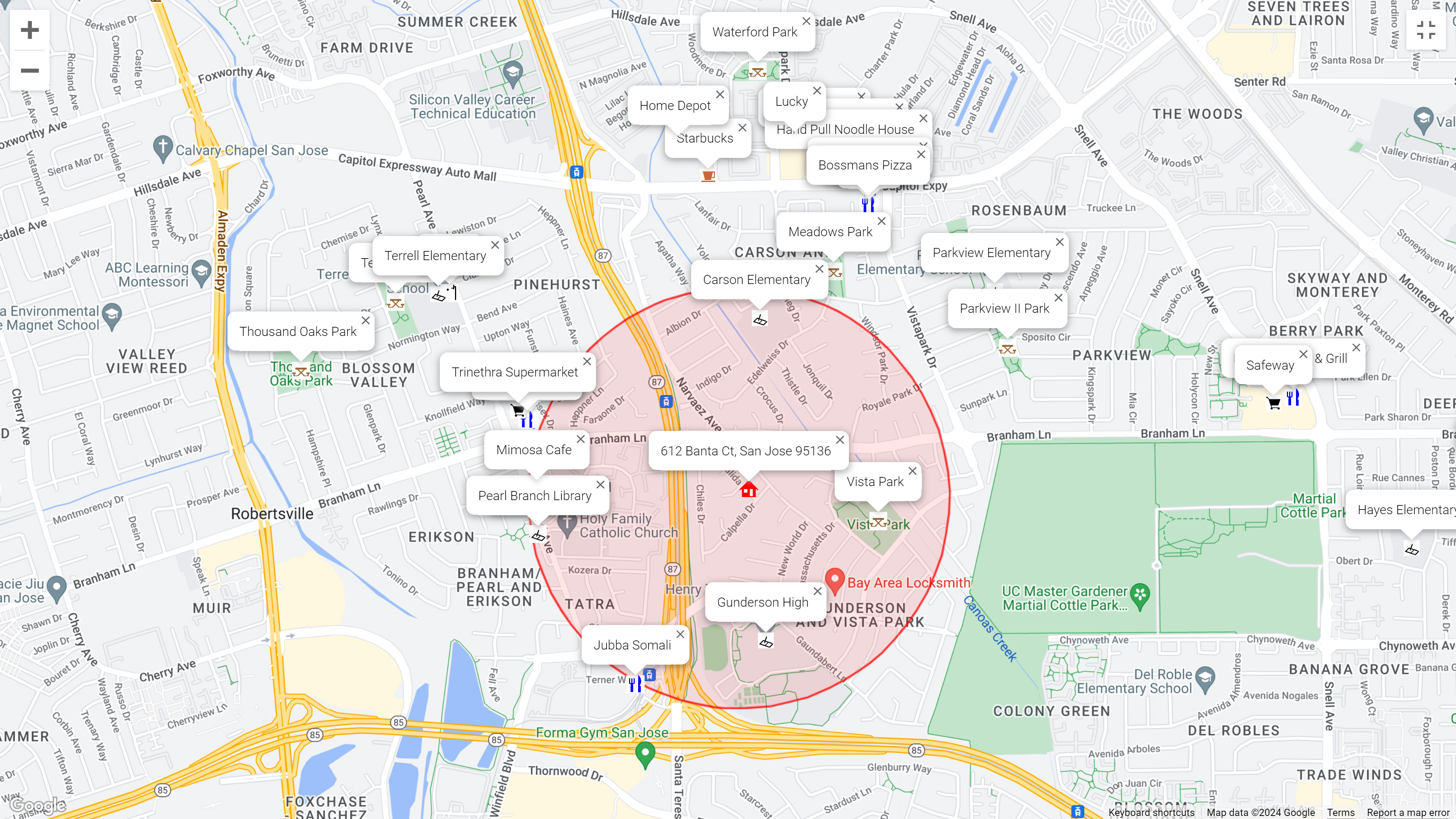Map of attractions near 612 Banta Ct, San Jose 95136