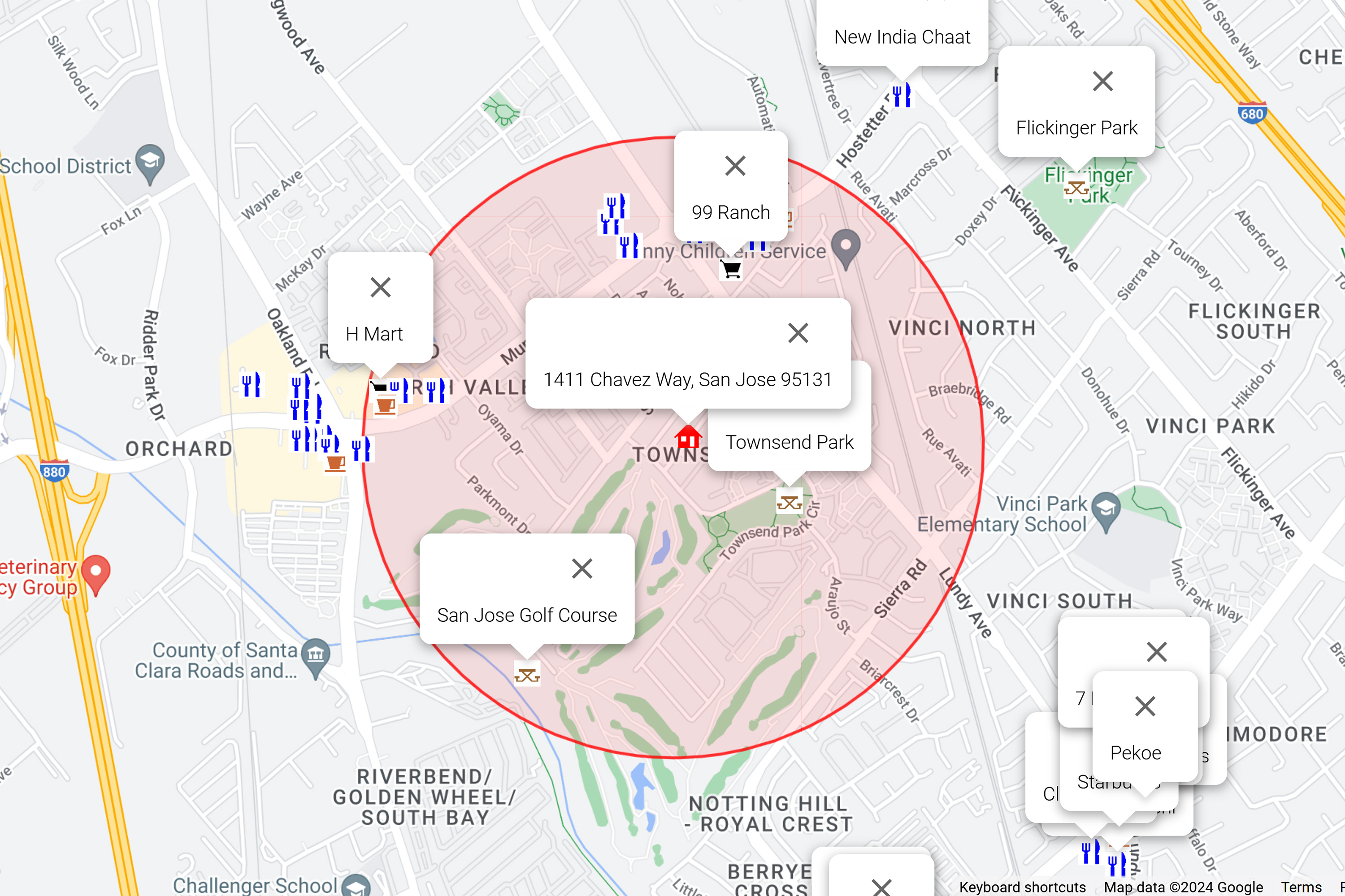 Map of attractions near 1411 Chavez Way, San Jose 95131