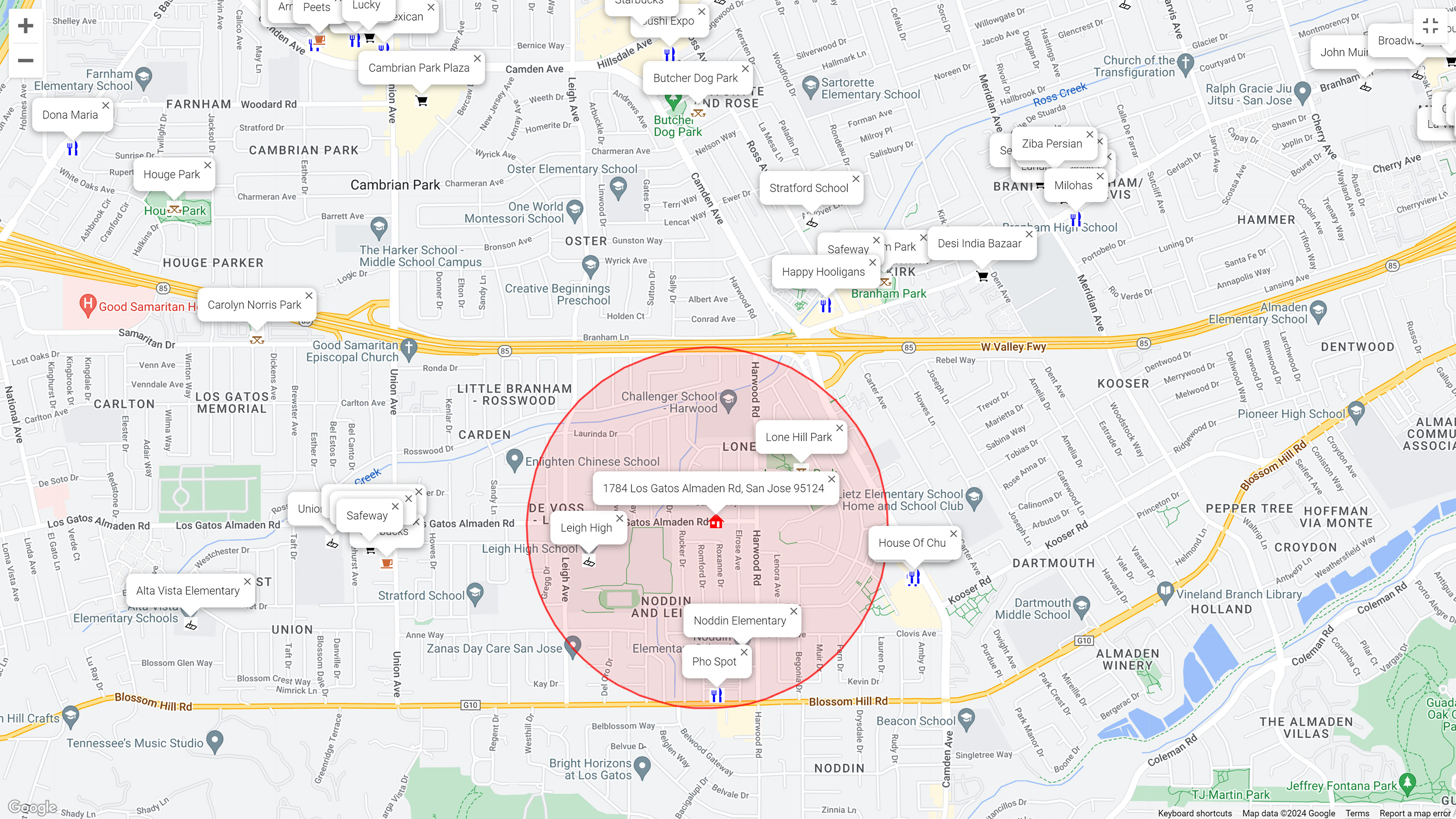 Map of attractions near 1784 Los Gatos Almaden Rd, San Jose 95124
