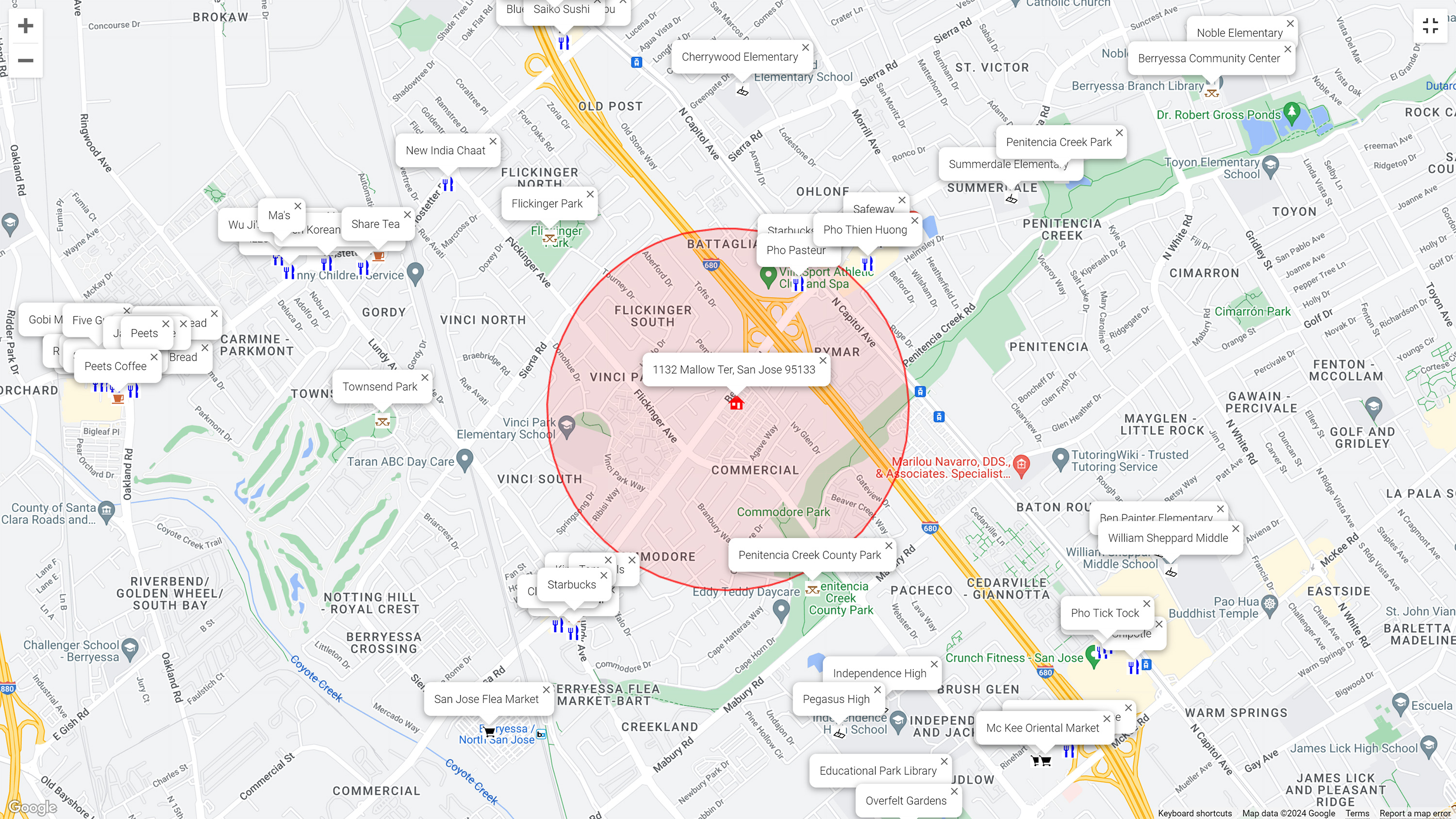 Map of attractions near 1132 Mallow Ter, San Jose 95133