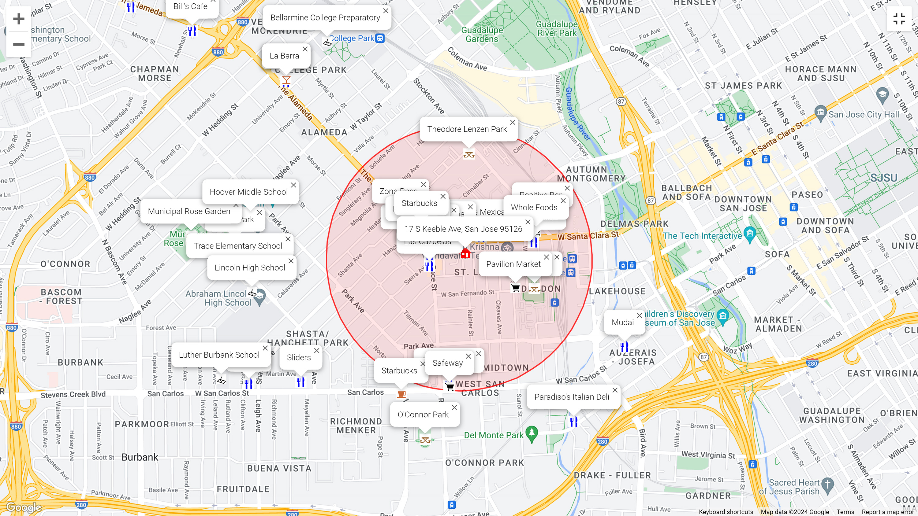 Map of attractions near 17 S Keeble Ave, San Jose 95126