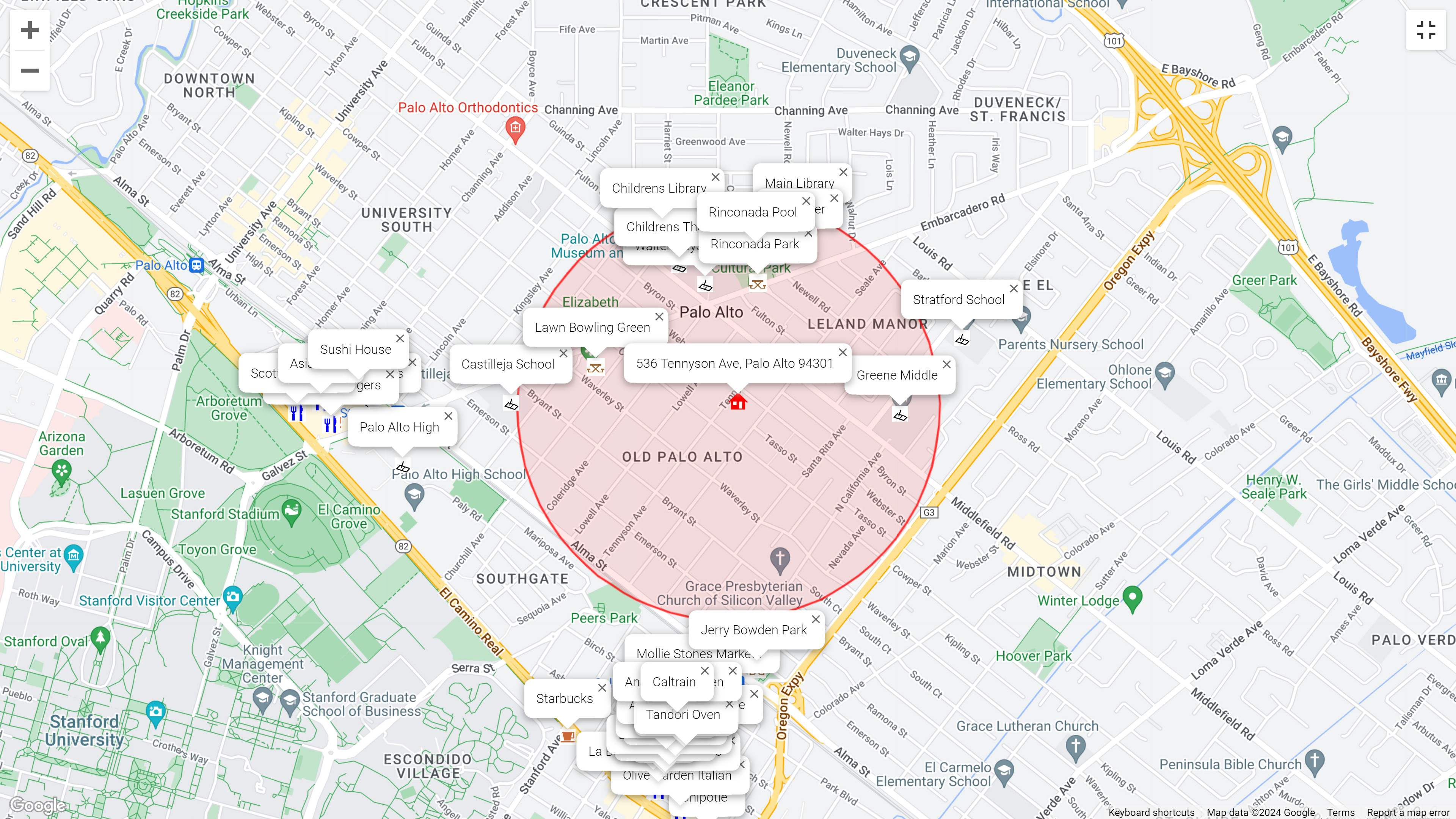 Map of attractions near 536 Tennyson Ave, Palo Alto 94301