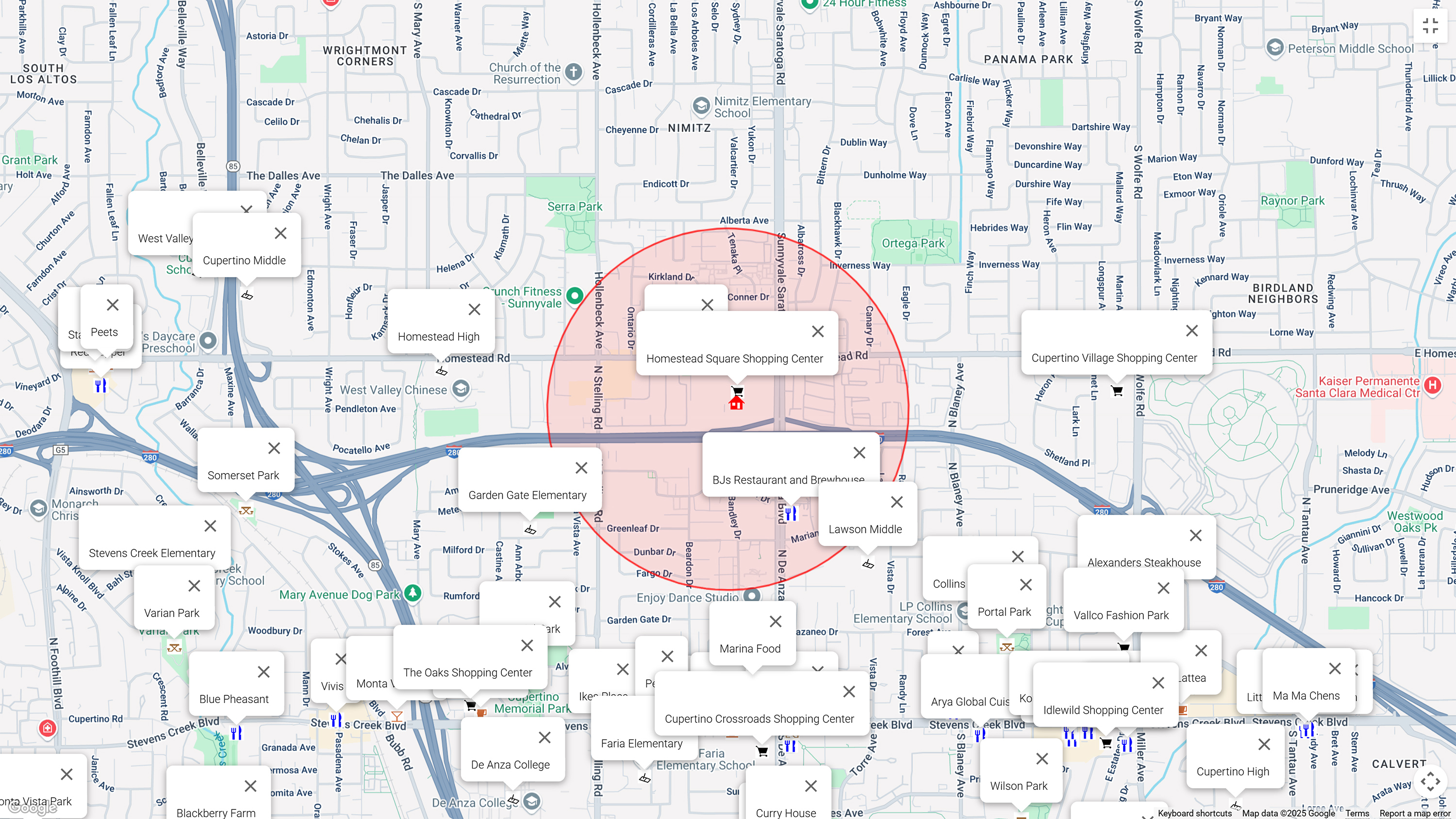 Map of attractions near 20676 Celeste Cir, Cupertino 95014