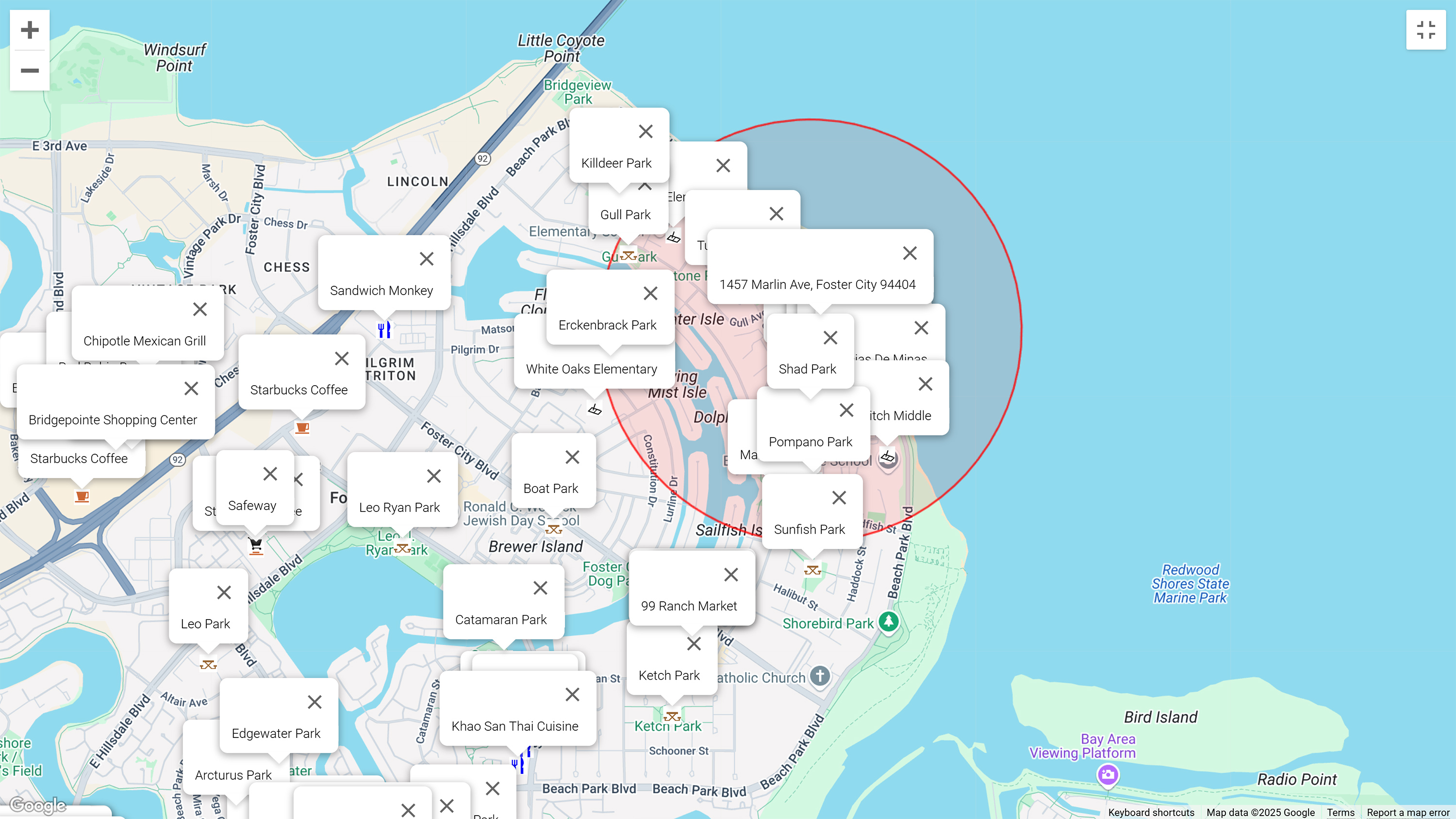 Map of attractions near 1457 Marlin Ave, Foster City 94404