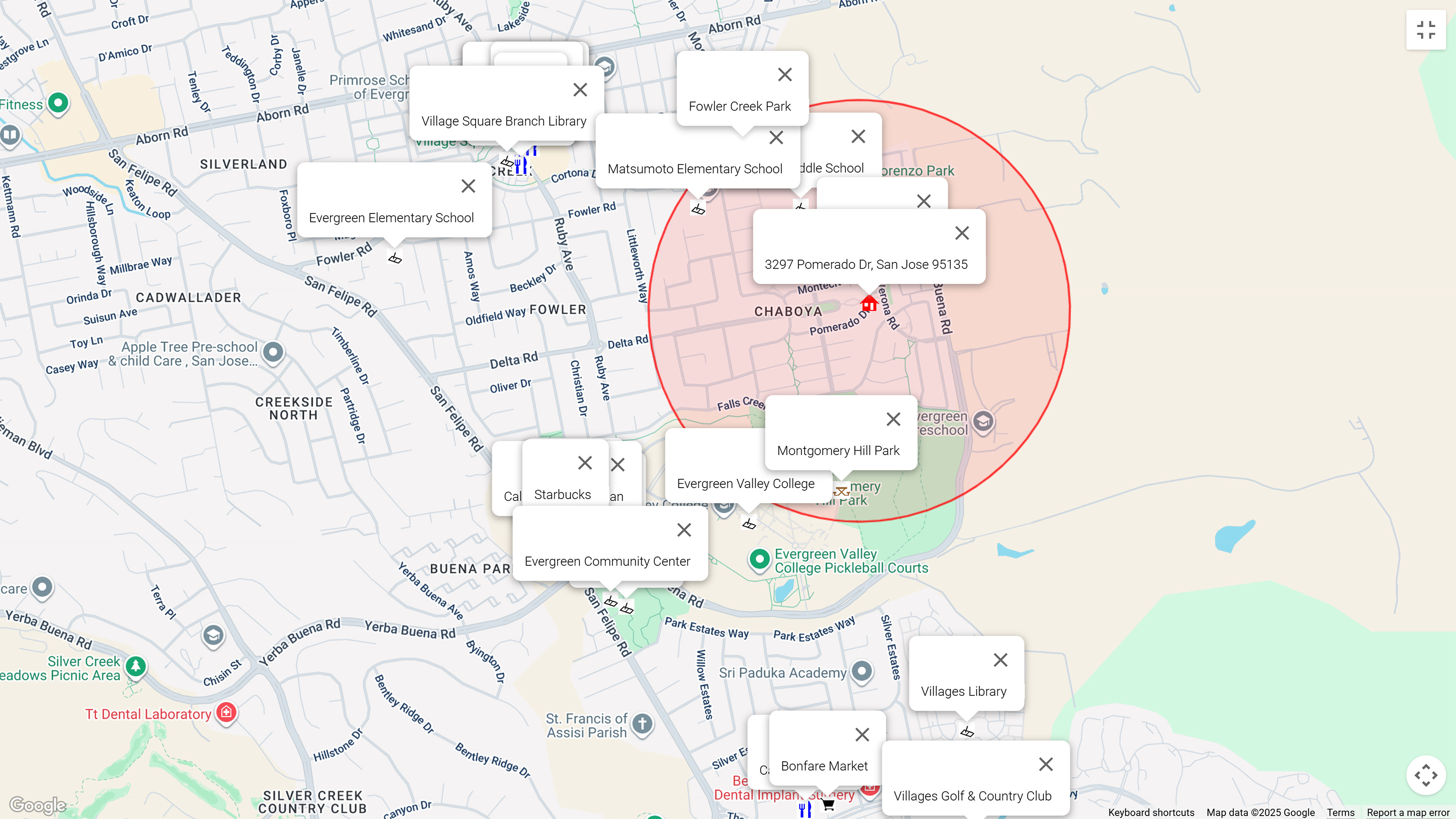 Map of attractions near 3297 Pomerado Dr, San Jose 95135