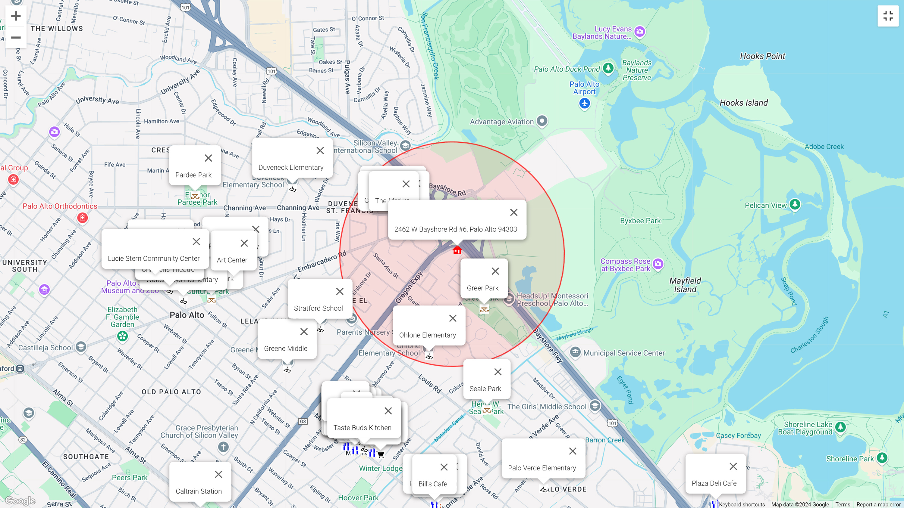 Map of attractions near 2462 W Bayshore Rd #6, Palo Alto 94303
