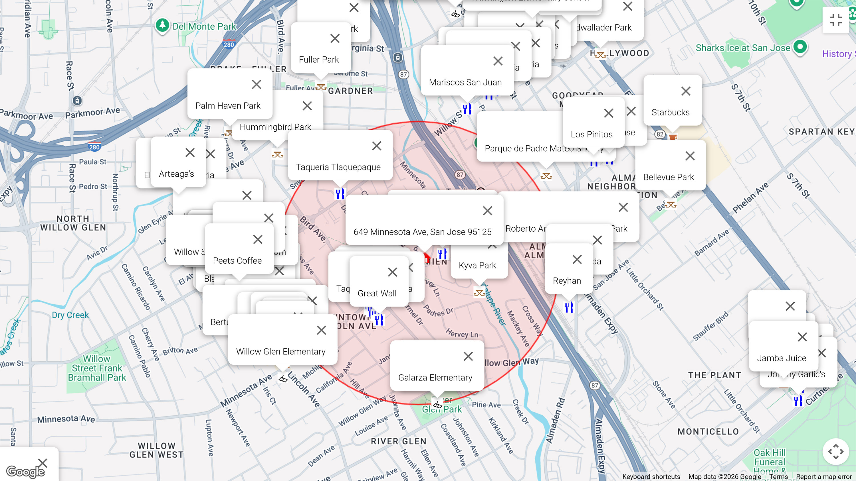 Map of attractions near 649 Minnesota Ave, San Jose 95125