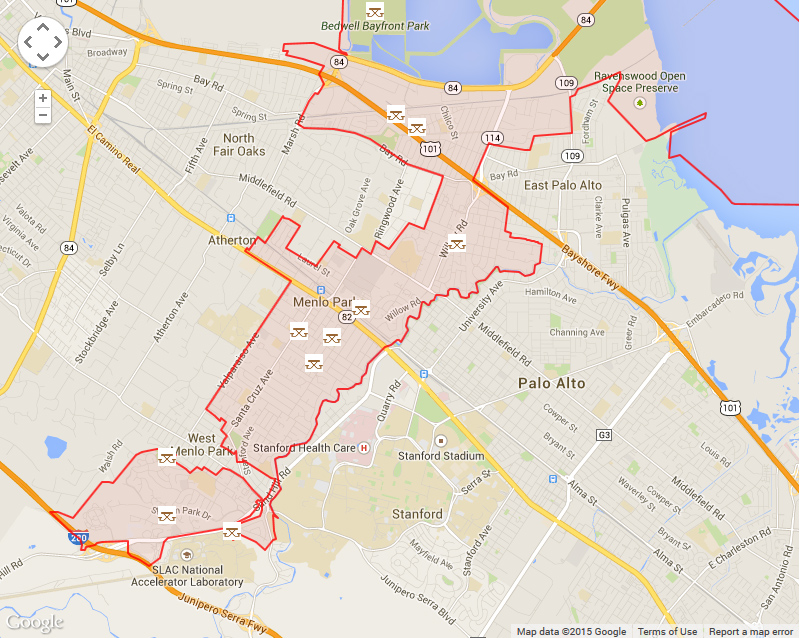 Map of Menlo Park showing parks