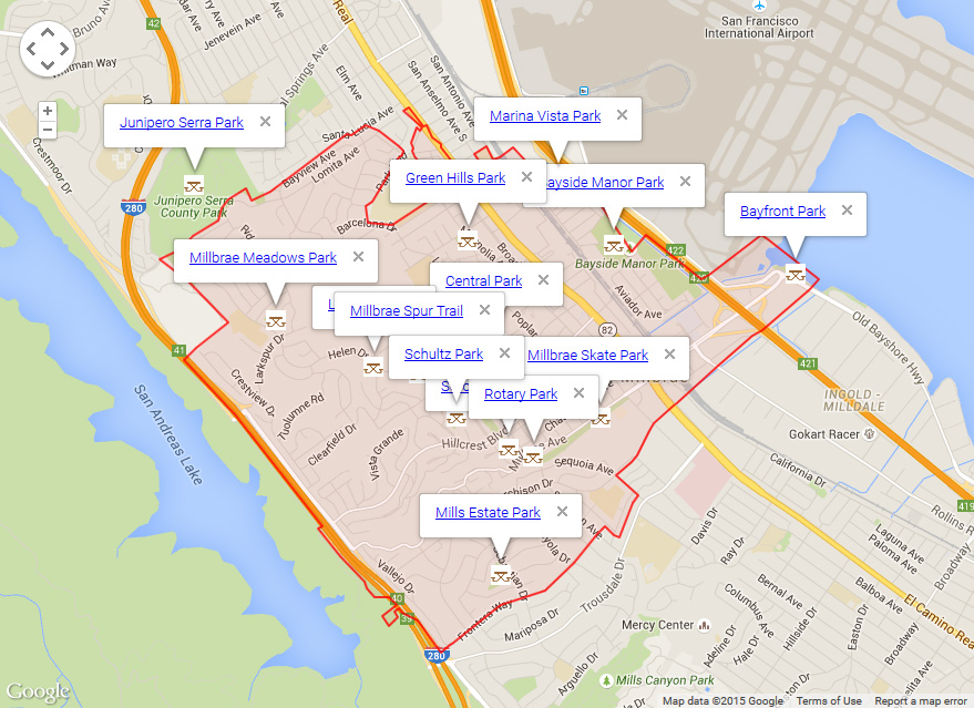 Map of Millbrae showing parks