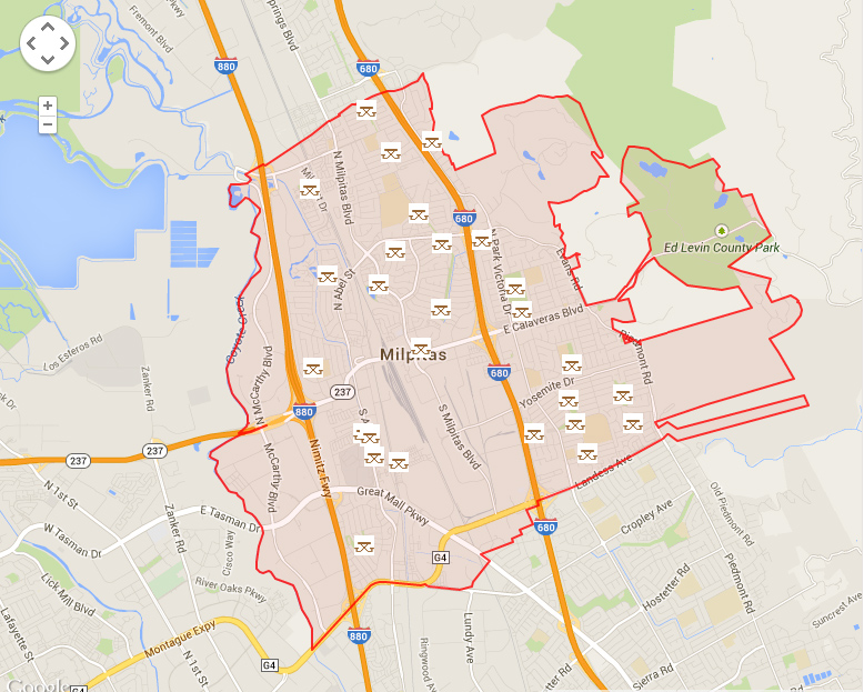 Map of Milpitas showing parks