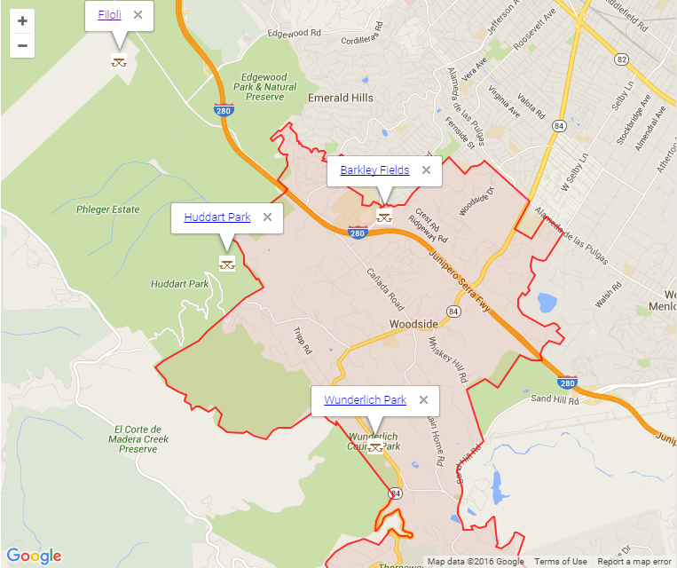 Map of Woodside showing parks